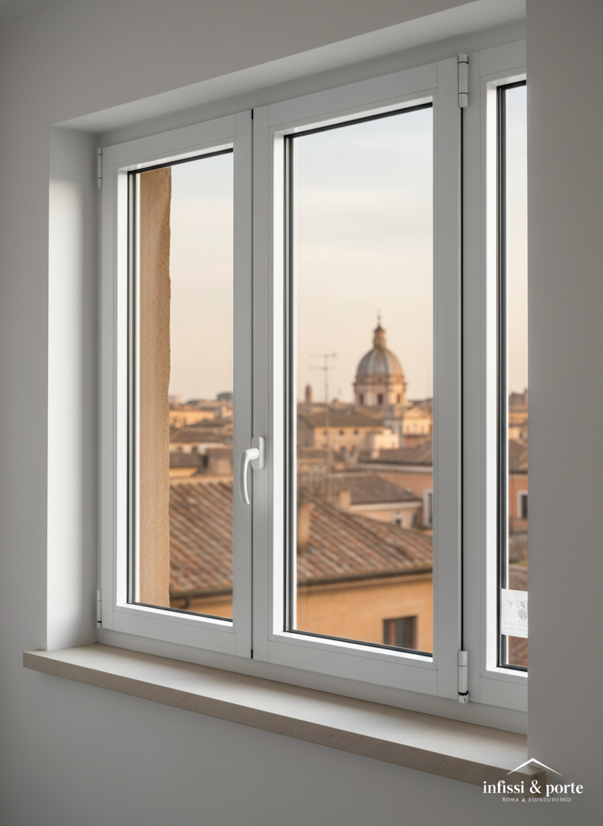 A modern white PVC window frame with triple-glazed glass, its surfaces perfectly clean and sharp, fills most of the image. The sleek profiles, integrated gaskets, and metallic hinges are clearly visible, emphasizing precision construction and energy efficiency. The window is installed in a smooth, light-gray plastered wall of an elegant Roman apartment, with a subtle view of soft-focus city rooftops beyond the glass. Late afternoon natural light streams in, creating bright reflections on the glass and gentle shadows along the frame. Photographic realism, shot at eye level with a slight angle to reveal depth of the frame, clean and modern composition, calm and professional mood that communicates quality and reliability in infissi and porte for Roma and surroundings.