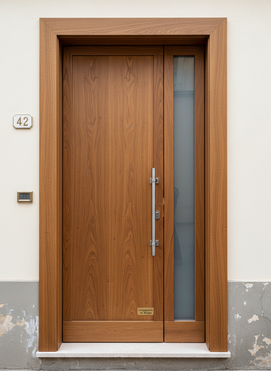 A solid oak entrance door with deep grain texture and a warm walnut stain stands closed within a perfectly aligned, custom-made frame. The door features a brushed steel handle, secure multi-point lock, and a narrow vertical satin glass insert that diffuses light. Surrounding it is a pristine, cream-colored stucco facade with a discrete brass house number, hinting at an upscale Roman residence. Soft, diffused daylight from an overcast sky eliminates harsh shadows, creating a balanced, realistic photographic look. Captured from a frontal, slightly low angle to enhance presence and stability, with sharp focus throughout. The atmosphere is reassuring and elegant, conveying durability, security, and over 40 years of craftsmanship in doors and window fixtures.