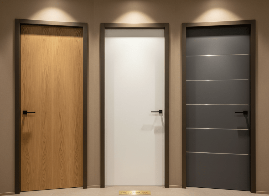A stylish showroom corner featuring three full-height door samples: one in natural oak veneer with vertical grain, one in smooth matte white lacquer, and one in anthracite gray with horizontal aluminum inlays. Each door is mounted in a perfectly aligned frame with high-quality hinges and modern handles, set against a neutral taupe wall. Discreet spotlights from the ceiling cast focused, warm light on each door, highlighting textures and finishes while creating soft, controlled shadows. Photographic realism with a straight-on, slightly wide composition, keeping all doors in sharp focus. The mood is refined and professional, presenting a curated selection of interior porte to help clients in Rome choose the ideal combination of style, durability, and functionality.