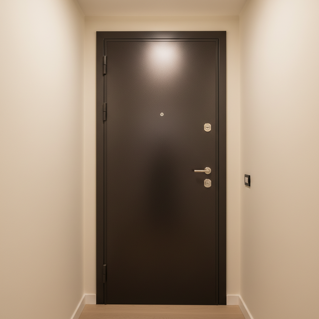 An installed security door in a residential corridor, featuring a solid, textured dark bronze finish with a subtle metallic sheen, anti-pry frame, and three visible high-security deadbolts along the side edge. A discreet peephole and a robust, modern handle in brushed stainless steel stand out against the dark surface. The door is perfectly set within a smooth, ivory-colored wall, with a simple, clean skirting board running along the floor. Overhead ceiling lighting casts warm, even illumination, creating soft reflections on the metal parts and a calm, reassuring atmosphere. Photographic realism, straight-on composition with slight off-center framing using the rule of thirds. The mood is safe, stable, and authoritative, emphasizing security, craftsmanship, and long-term reliability of porte blindate for homes in Rome.