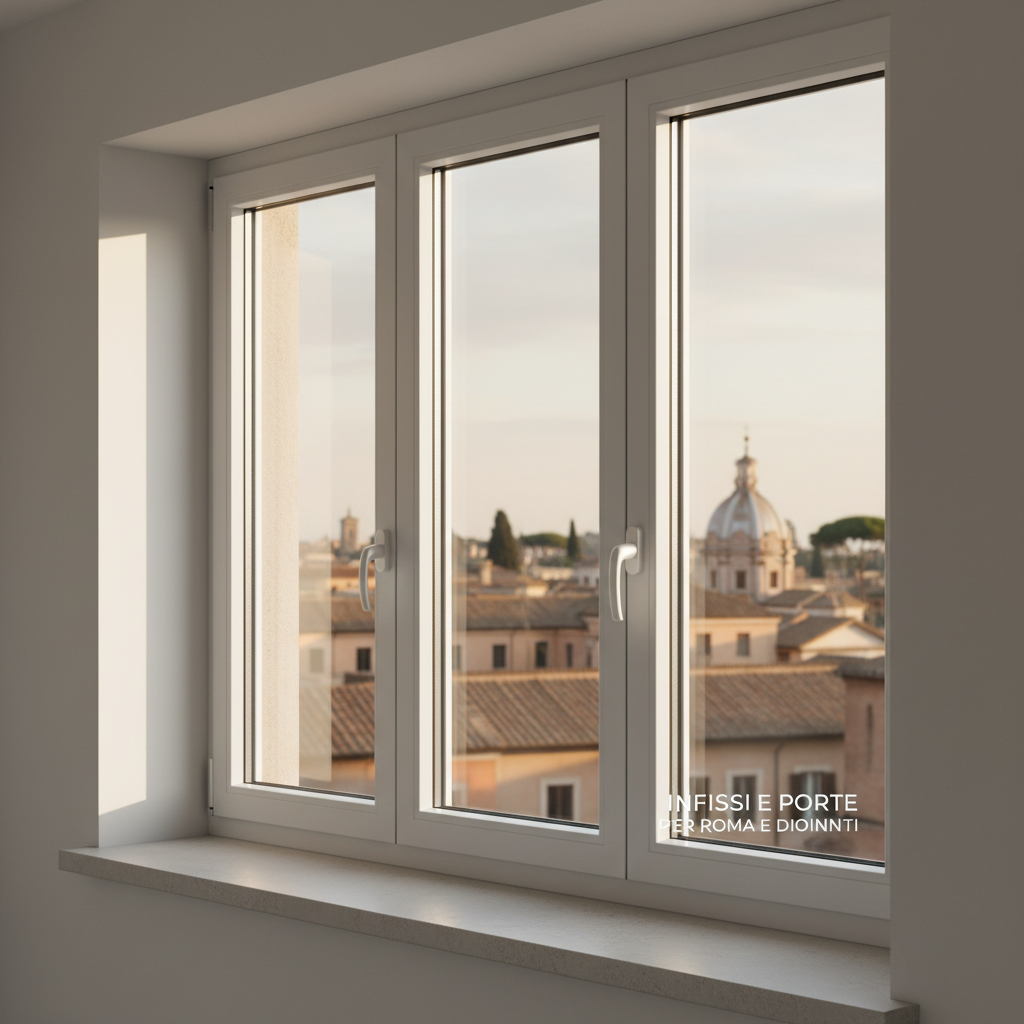 A modern white PVC window frame with triple-glazed glass, its surfaces perfectly clean and sharp, fills most of the image. The sleek profiles, integrated gaskets, and metallic hinges are clearly visible, emphasizing precision construction and energy efficiency. The window is installed in a smooth, light-gray plastered wall of an elegant Roman apartment, with a subtle view of soft-focus city rooftops beyond the glass. Late afternoon natural light streams in, creating bright reflections on the glass and gentle shadows along the frame. Photographic realism, shot at eye level with a slight angle to reveal depth of the frame, clean and modern composition, calm and professional mood that communicates quality and reliability in infissi and porte for Roma and surroundings.