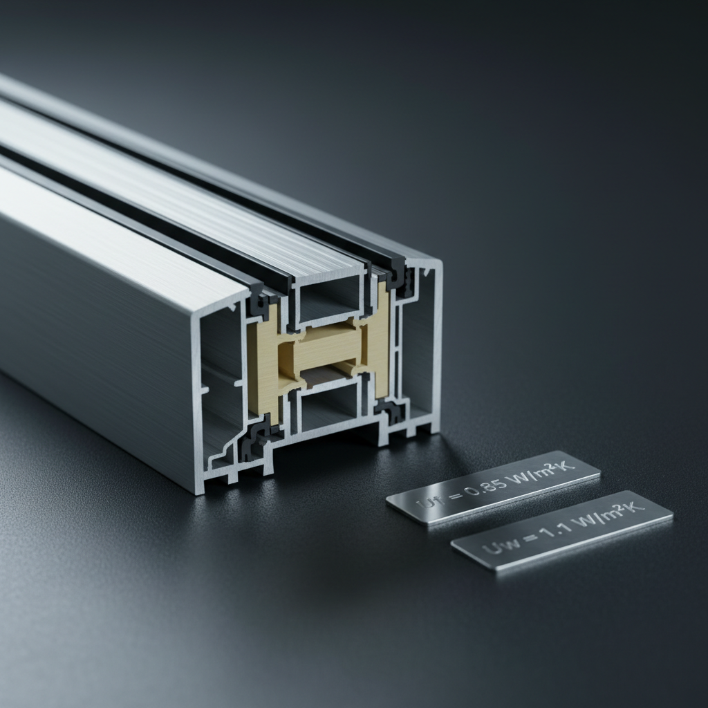 A precise, technical close-up of an aluminum thermal break window profile section laid on a dark, matte work surface. The image clearly shows the separation between internal and external aluminum shells, the insulating polyamide strip, multi-chamber structure, and gasket system. Beside it, small labeled metal tags indicate Uf and Uw thermal performance values, slightly out of focus but legible. Cool, directional studio lighting from the left creates crisp highlights on the brushed metal and clear shadows that emphasize depth and geometry. Photographic realism, captured from a low angle with a macro lens, shallow depth of field, and a clean, minimalist composition. The mood is analytical and expert, ideal for communicating advanced technology behind energy-efficient infissi porte solutions.