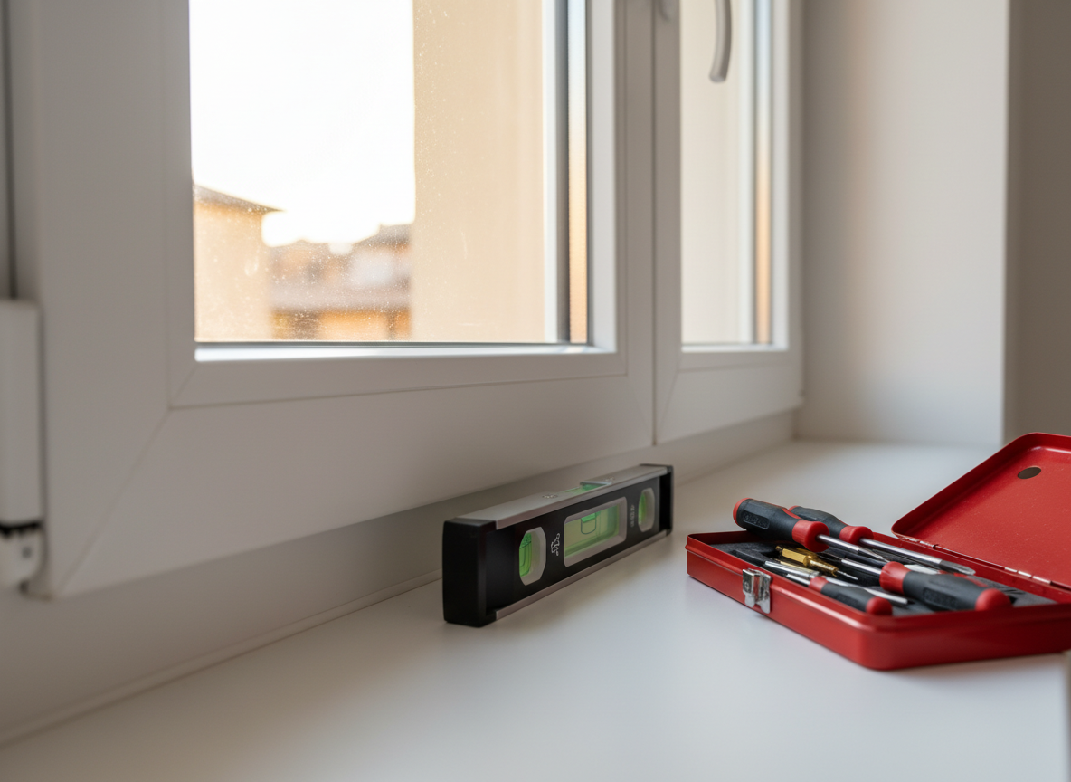 A close-up of a newly installed white PVC window in a Roman apartment, focusing on the flawless silicone joints, perfectly aligned frame, and smooth, uniform wall finish around it. A digital spirit level rests on the sill, its green bubble centered, while a small open toolbox with neatly arranged precision screwdrivers and bits sits nearby, slightly out of focus. Warm late-afternoon light filters through the glass, creating subtle highlights on the tool’s metal surfaces and soft reflections on the frame. Photographic realism, shot from a low three-quarter angle with shallow depth of field to emphasize the quality of installation details. The atmosphere is meticulous and trustworthy, underscoring careful workmanship and decades of experience in infissi and porte installation.