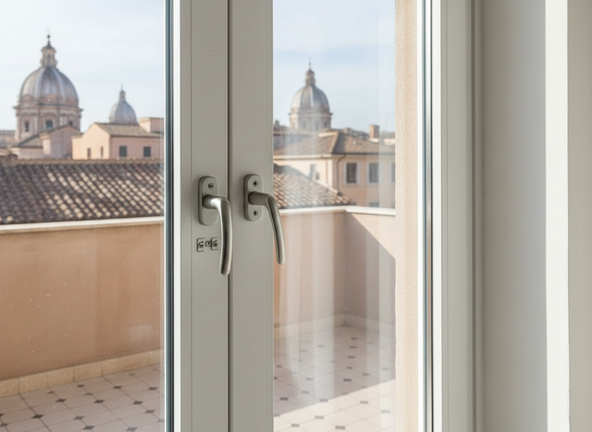 A balcony door in white PVC with full-height double glazing opens onto a soft-focus view of Roman rooftops and distant domes. The focus is on the immaculate frame, the precision of the hinges, and the secure multi-point locking mechanism, with a brushed steel handle catching the light. A narrow, integrated ventilation vent is visible in the upper section of the frame, suggesting energy-efficient design. Early morning sunlight enters from outside, casting gentle, elongated shadows on the interior tiled floor and creating realistic reflections on the glass. Photographic realism from an interior viewpoint, eye-level, with a slight diagonal angle. The mood is bright, airy, and secure, conveying comfort, insulation, and the benefits of professional infissi installation in urban apartments.