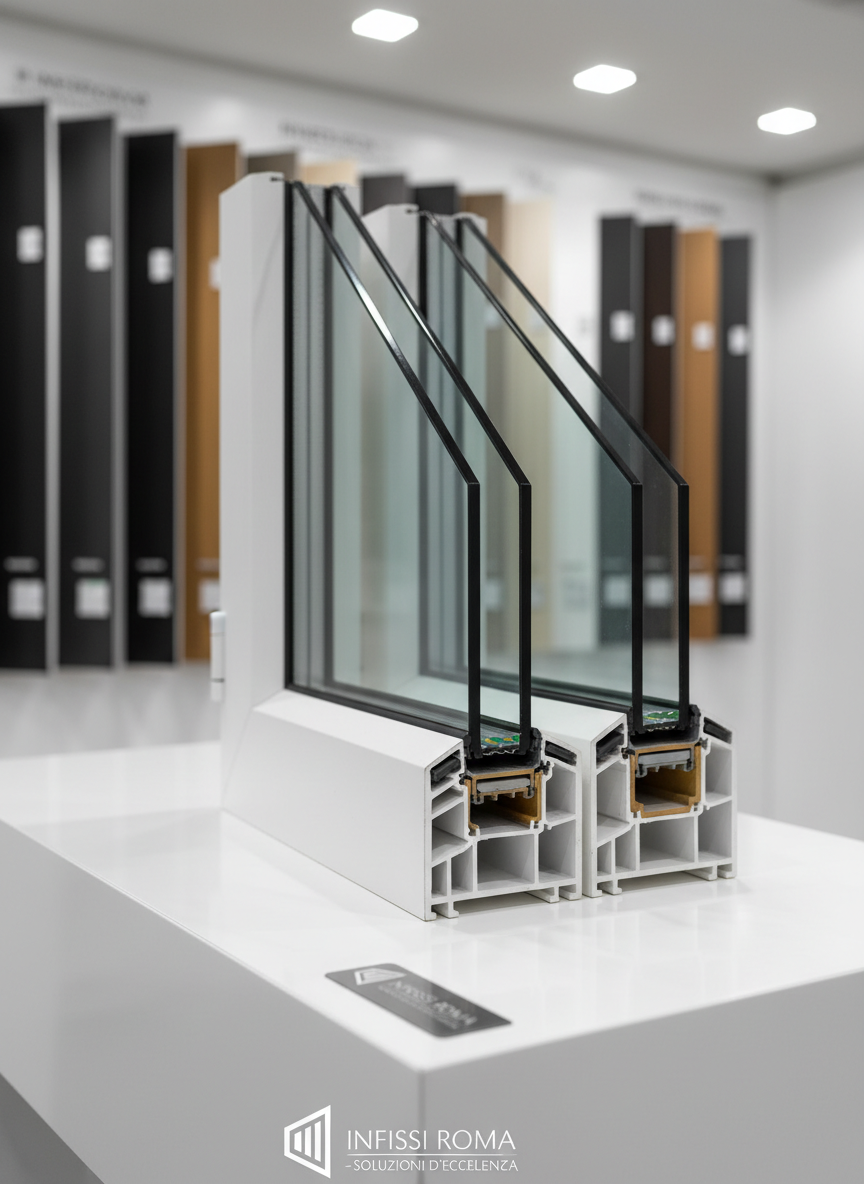 A cross-section display of a high-performance PVC window system lies on a pristine white showroom counter. The cutaway reveals multiple internal air chambers, steel reinforcement, rubber gaskets, and triple glazing with low-emissivity coatings. Behind it, arranged on wall-mounted panels, are neatly organized swatches of frame colors and finishes, all softly blurred. Cool, uniform showroom lighting from overhead LED panels creates even illumination, subtle highlights on the plastic surfaces, and crisp shadow lines that emphasize geometry. Photographic realism, shot from a slightly elevated three-quarter view to clearly show the internal structure. The mood is technical, precise, and professional, ideal for explaining the quality and engineering behind infissi solutions offered in Rome and surrounding areas.